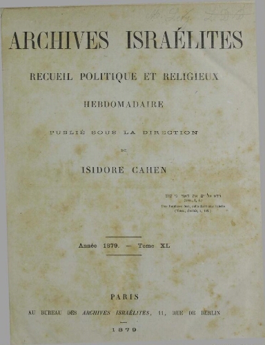 Archives israélites de France. Table des matières